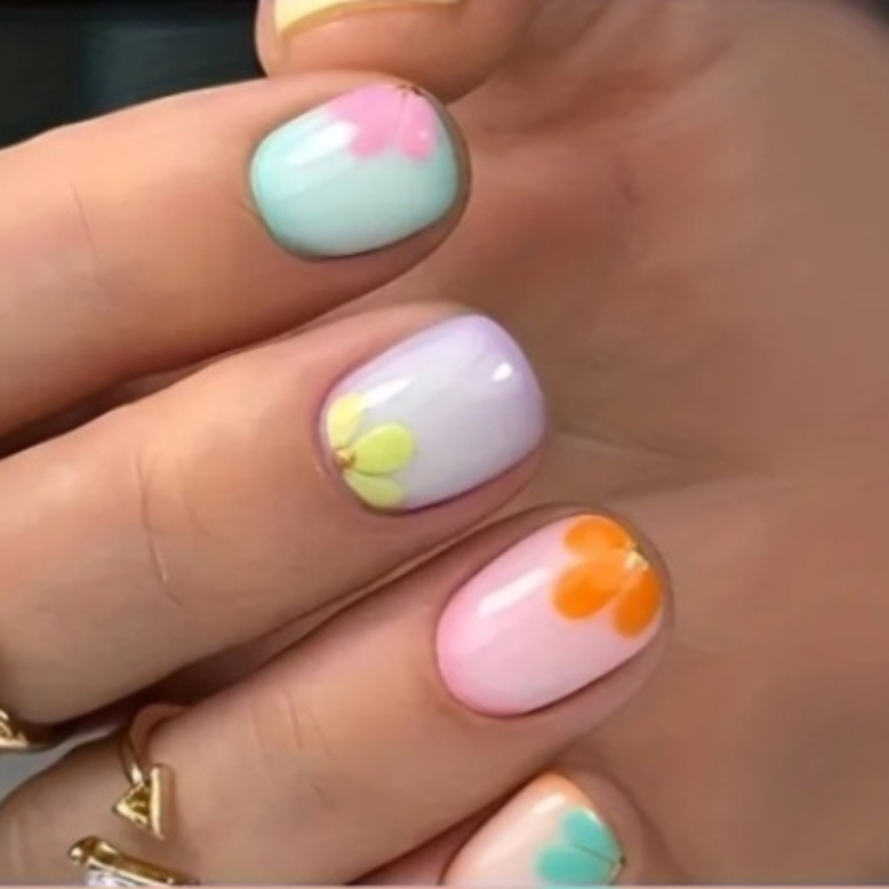 Press On Nails Glossy Short Square Pastel Floral 24 Pcs NWT